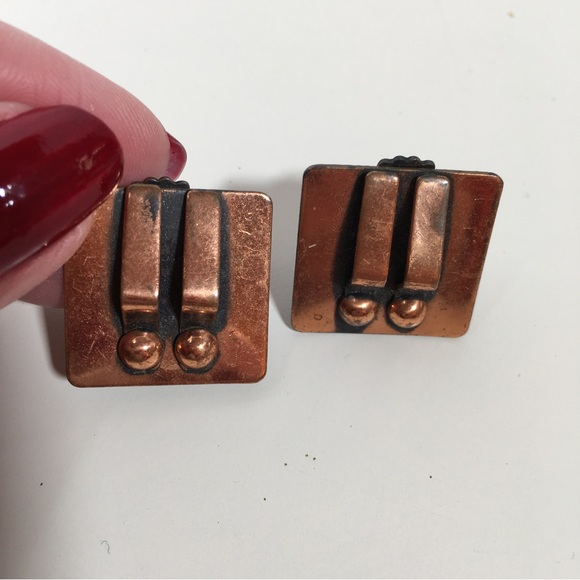 Vintage 60 70 Modernist Matisse Square Copper Wave Clip Earrings MCM - Picture 6 of 11